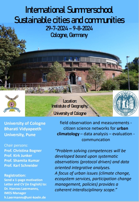 Call for applications for Joint International Summer School  on  Sustainable Cities and Communities from 29th July 2024 to 9th August 2024 at Institute of Geography, University of Cologne, Germany