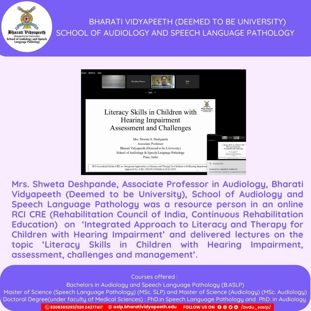 "Expert Talk on Literacy Skills in Children with Hearing Impairment – Mrs. Shweta Deshpande"